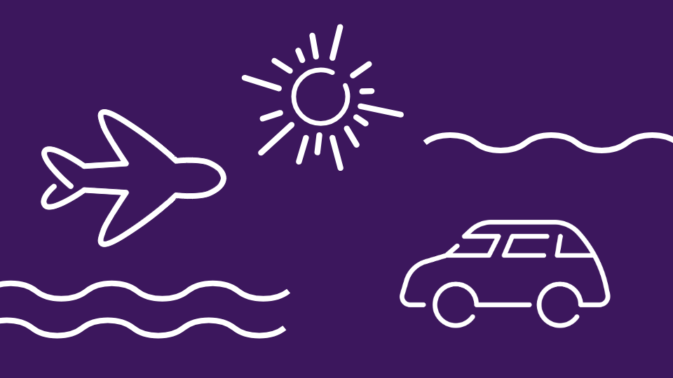 Illustration on a purple background showing a white outline of an airplane, a car, a sun with rays, and wavy lines representing water or travel routes.