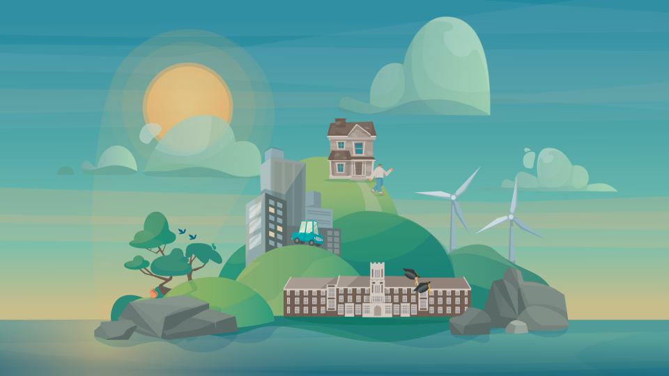 Illustration of rolling hills and a blue sky with sun and clouds with various hubs, including a skyscraper building, Loughborough University's Hazlerigg Building, a house and some wind turbines