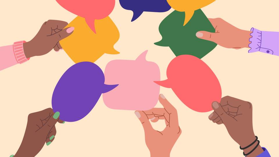 Illustration of different hands holding different coloured speech bubbles