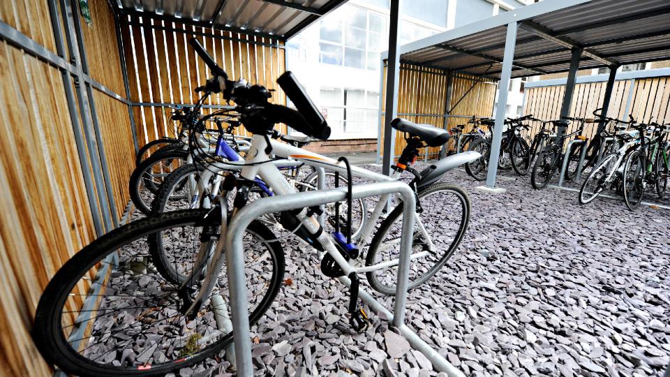 Photo of bikes in outdoor storage space on the University campus