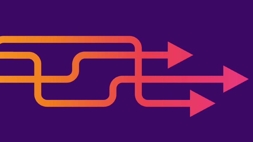 Purple background with orange and pink gradient coloured arrows.