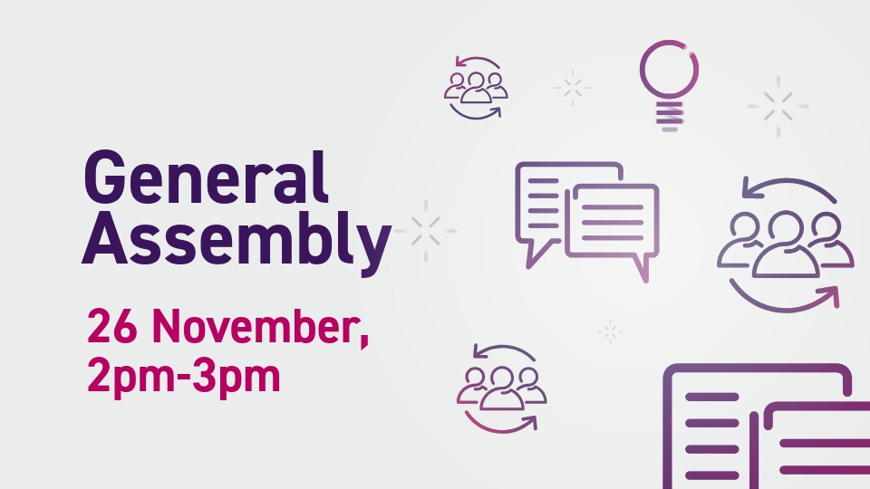 Grey background with purple iconography included of people, speech bubbles and a lightbulb alongside text reading 'General Assembly, 26 November, 2pm-3pm'.