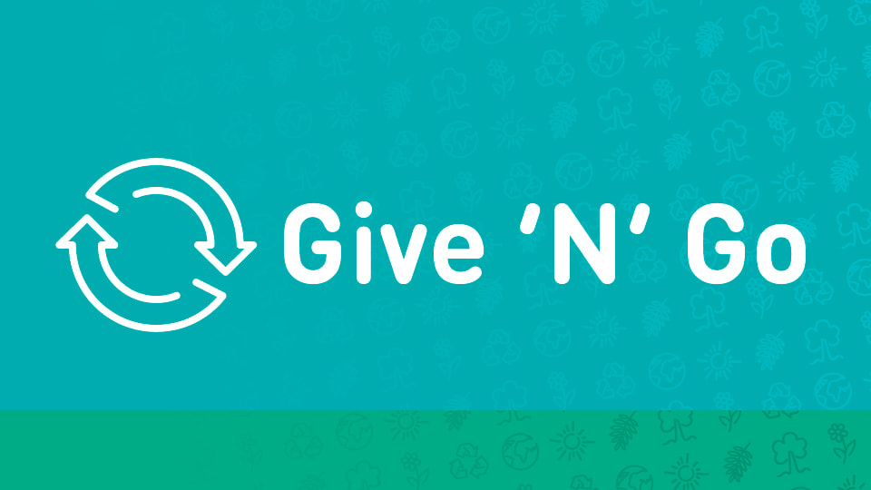 Green and blue background with a reuse symbol and the title 'Give 'N' Go'.