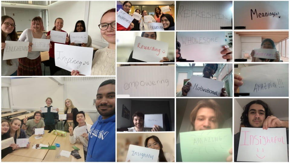 A collage of selfies from smiling students who completed the #Me course with positive affirmations written on pieces of paper.
