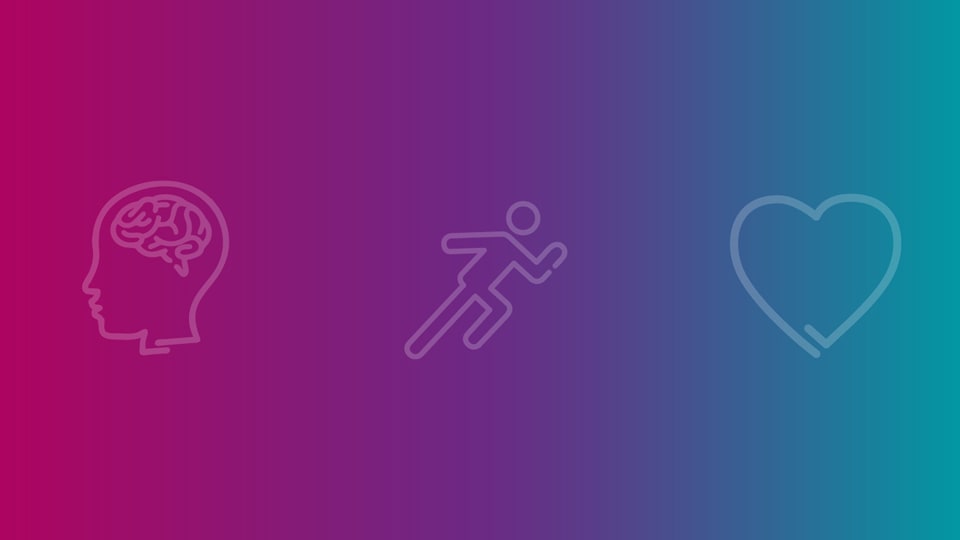 Three faint logos of a brain inside a head, a runner and a heart on a purple-blue gradient background