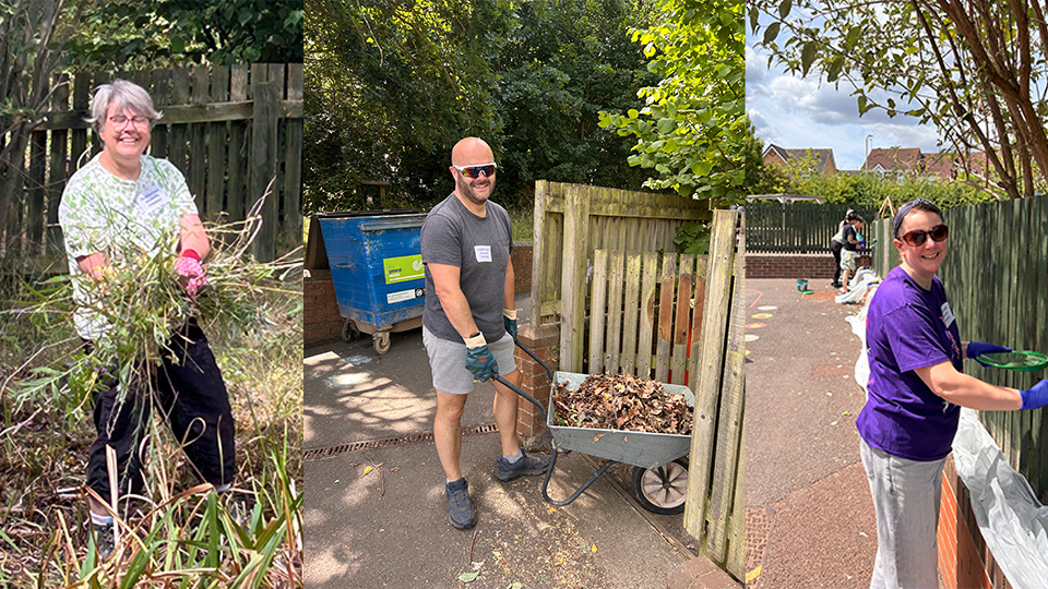 Three photos of different members of the team doing volunteer work - includes painting fences and clearing outdoor spaces