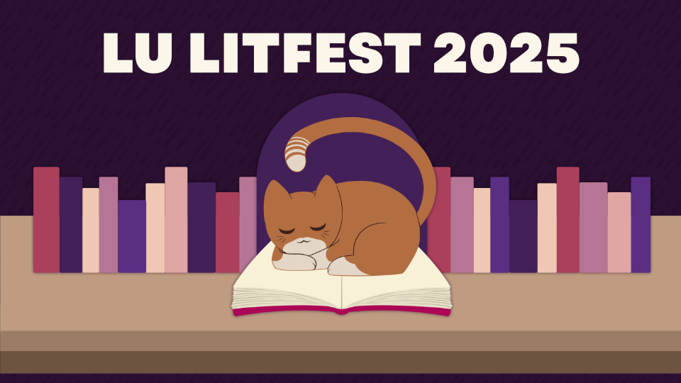 Illustration of a cat sleeping on a bookshelf with the title 'LU Litfest 2025'.
