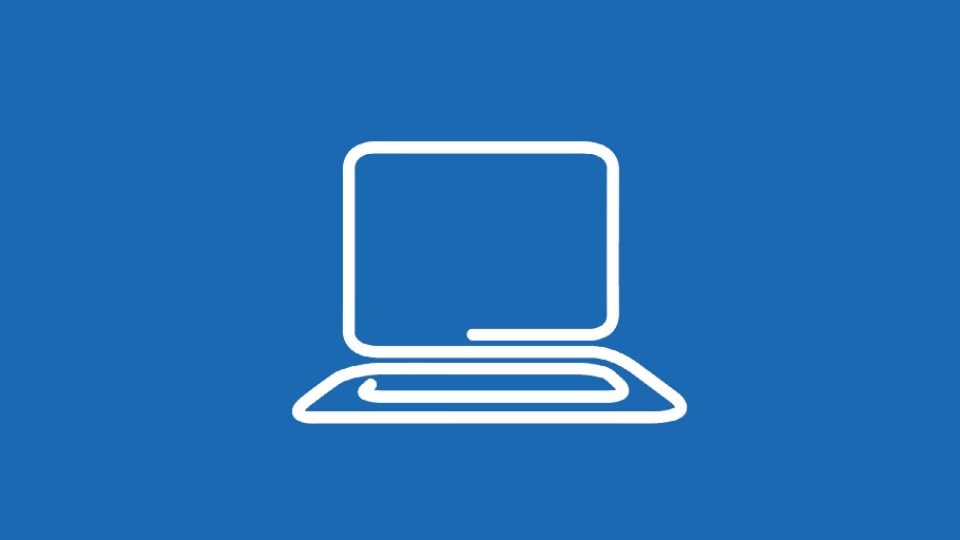 Blue background with a white icon of a laptop.