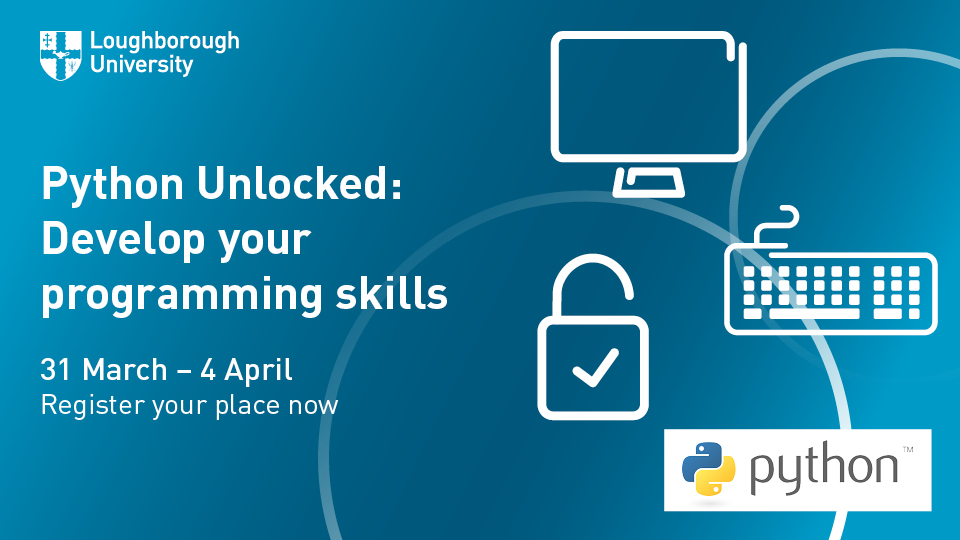 blue background featuring white icons such as a monitor, unlocked padlock and a keyboard