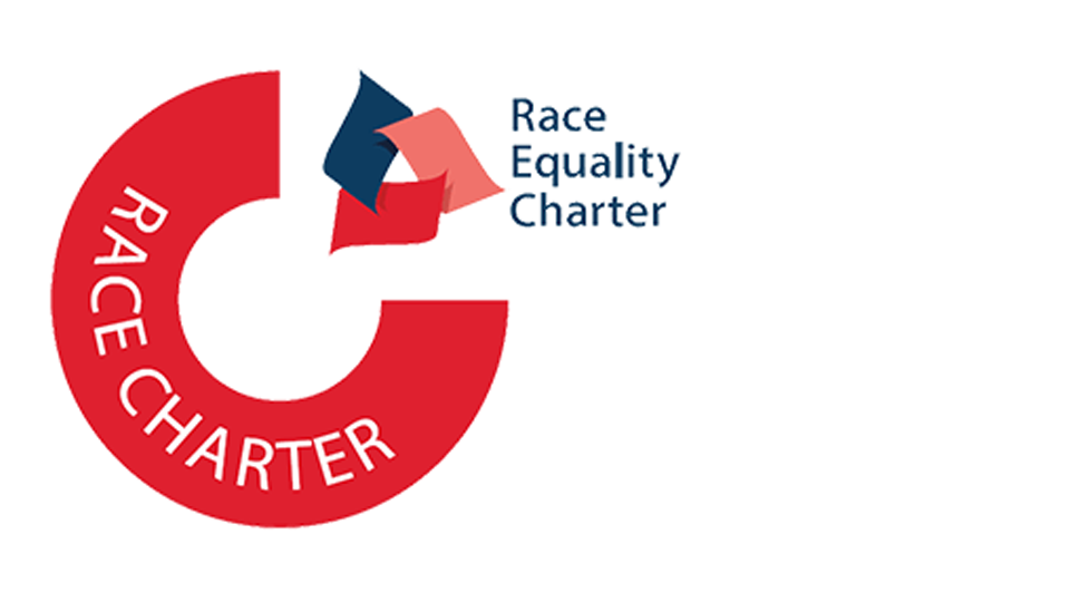 Red and navy Race Equality Charter logo that is almost a full circle ring with text in the right-hand corner