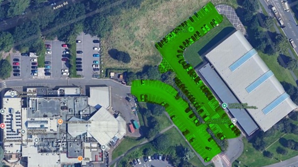 An arial view of the Swimming Pool carpark with highlighted green areas.