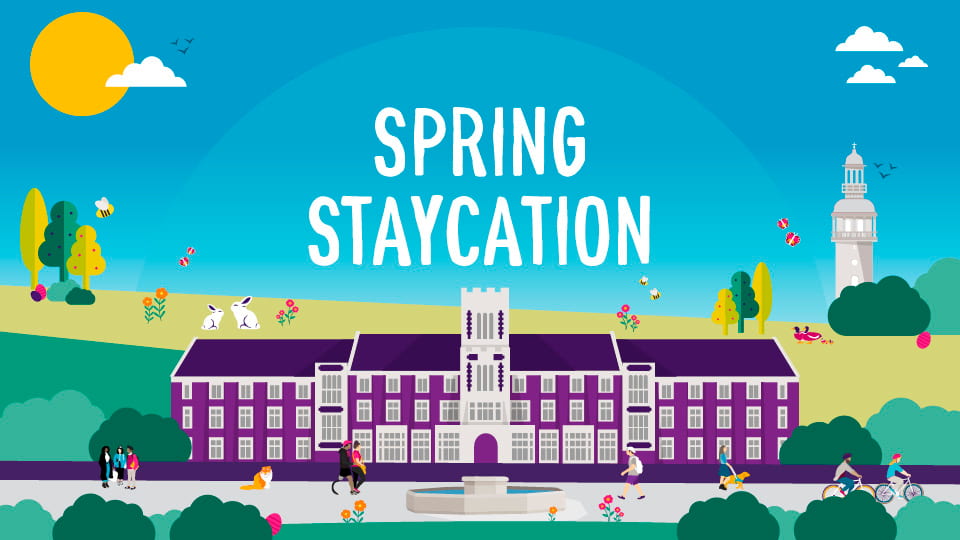 Illustration of Hazlerigg Building on a spring day with the title 'Spring Staycation'.