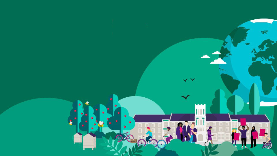 Green graphic with illustrations of the Hazlerigg Building surrounded by students, trees, and wildlife, with a partial world globe appearing above