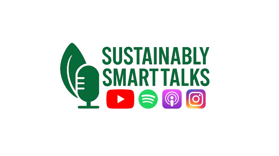 The Sustainably Smart Talks logo of a green microphone and a leaf alongside the YouTube, Spotify, Apple Podcasts and Instagram logos.