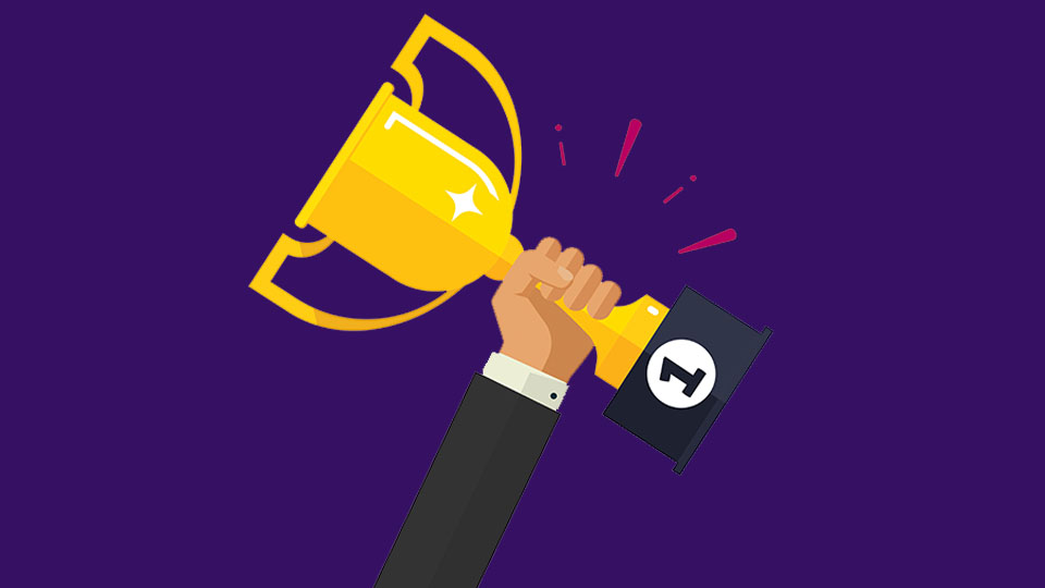 Illustration of a hand in a black suit holding a golden trophy with a number one, against a dark purple background.